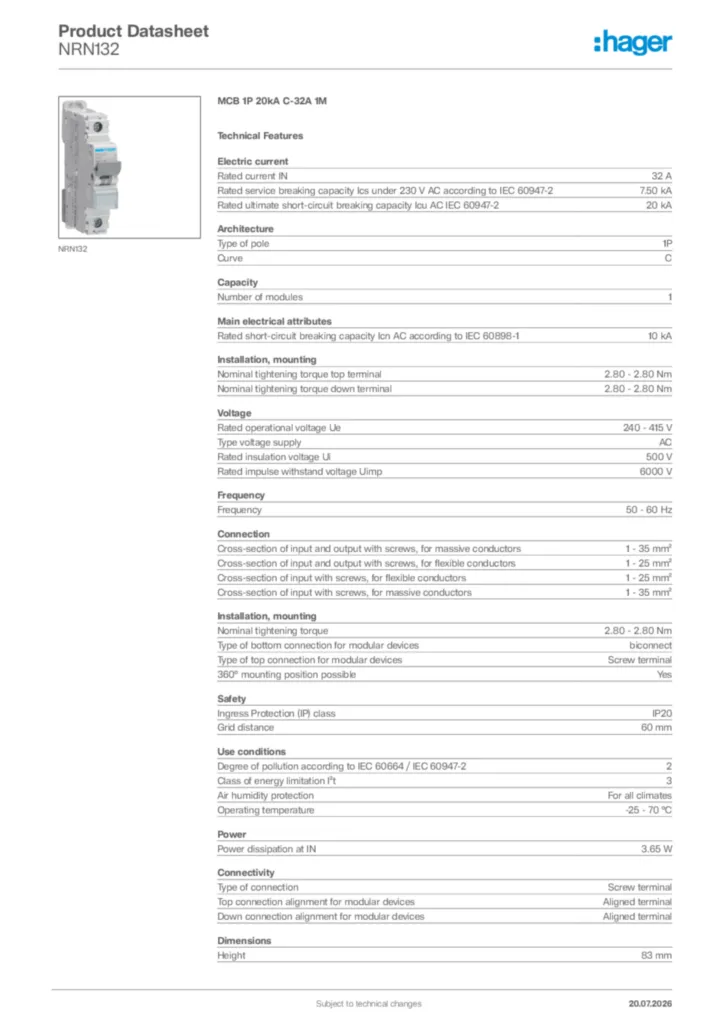 Image Hager Product data sheet NRN132  | Hager Africa
