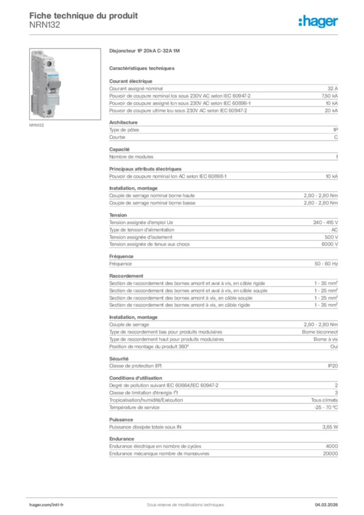 Image Hager Fiche technique du produit NRN132 | Hager Afrique