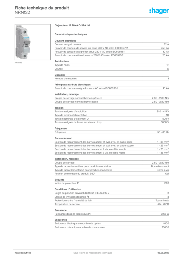 Image Hager Fiche technique du produit NRN132 | Hager Belgique