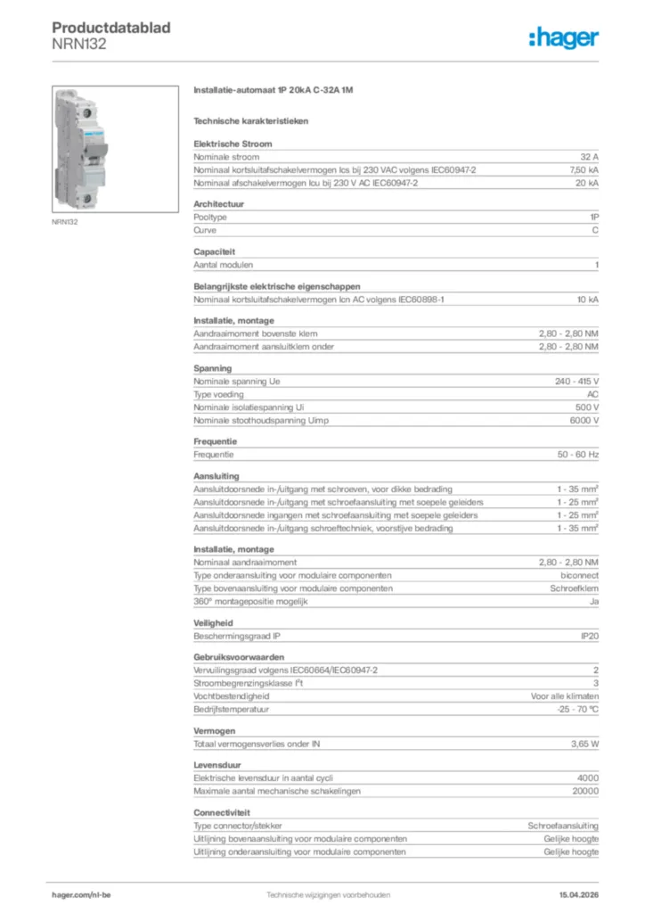 Afbeelding Hager Productdatablad NRN132 | Hager Belgium