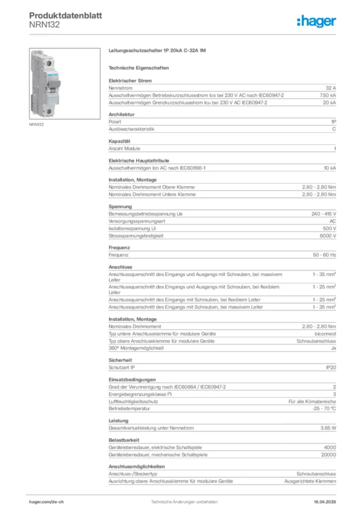 Bild Hager Produktdatenblatt NRN132 | Hager Schweiz