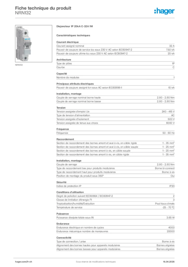 Image Hager Fiche technique du produit NRN132 | Hager Suisse