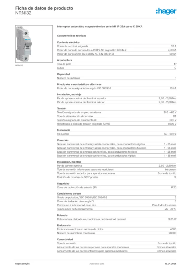 Imagen Hager Ficha de datos de producto NRN132 | Hager España