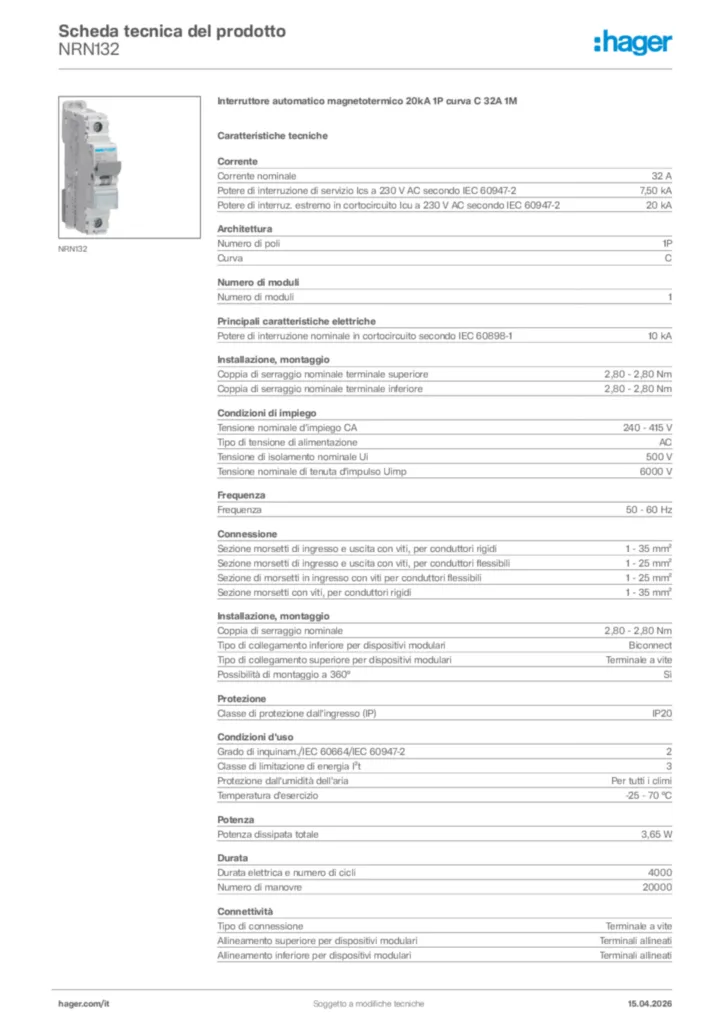 Immagine Hager Scheda tecnica del prodotto NRN132 | Hager Italia