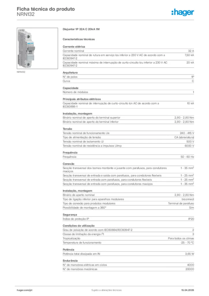Imagem Hager Ficha técnica do produto NRN132 | Hager Portugal