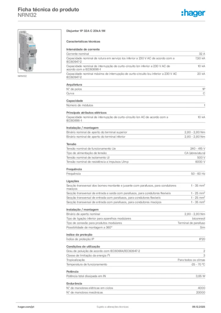 Imagem Hager Ficha técnica do produto NRN132 | Hager Portugal