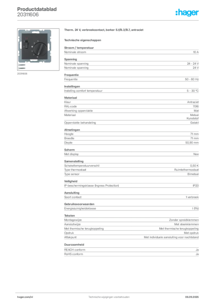 Afbeelding Hager Productdatablad 20311606 | Hager Nederland