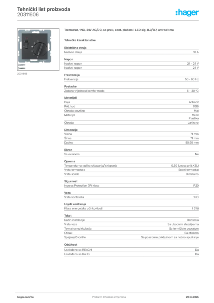 Slika Hager Product data sheet 20311606  | Hager