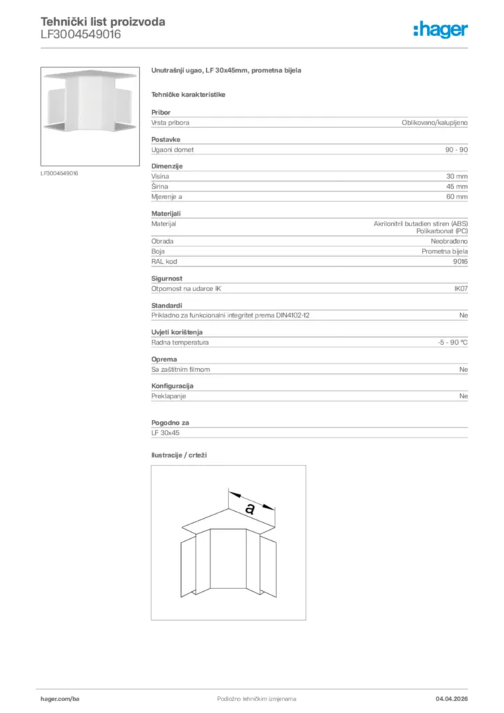 Slika Hager Tehnički list proizvoda LF3004549016  | Hager