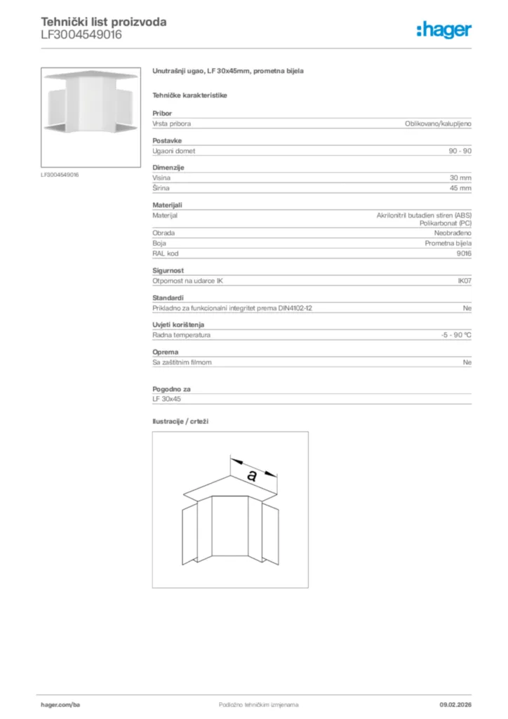 Slika Hager Tehnički list proizvoda LF3004549016  | Hager