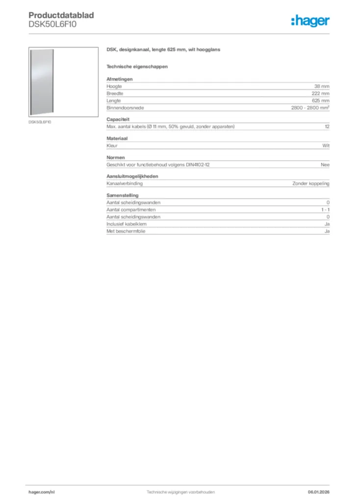Afbeelding Hager Productdatablad DSK50L6F10 | Hager Nederland