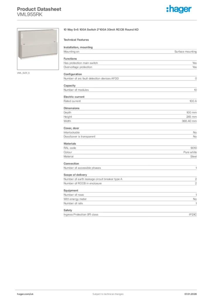 Image Hager Product data sheet VML955RK  | Hager