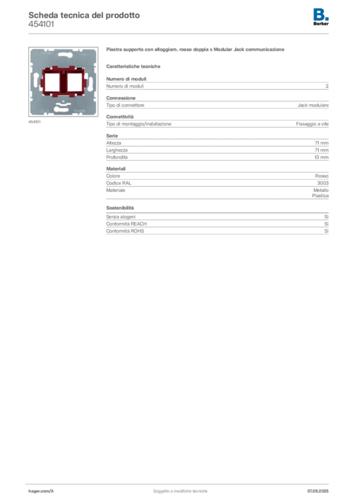 Immagine Berker Scheda tecnica del prodotto 454101 | Hager Italia