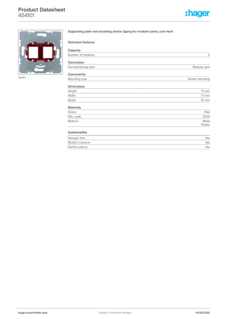 Image Hager Product data sheet 454101  | Hager