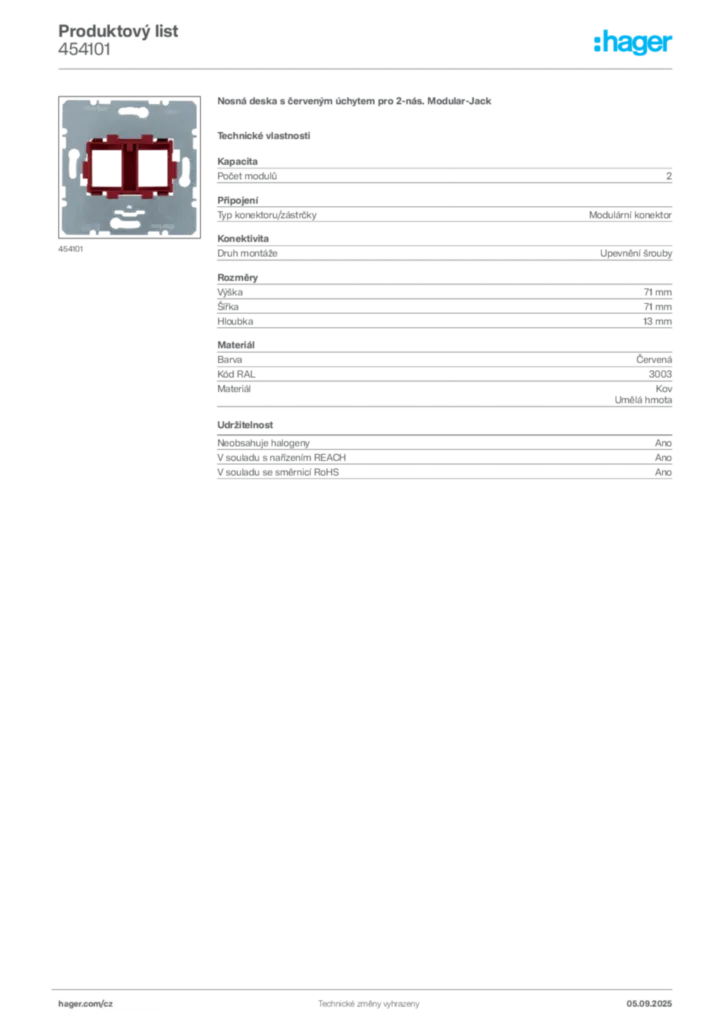 Obrázek Hager Produktový list 454101 | Hager