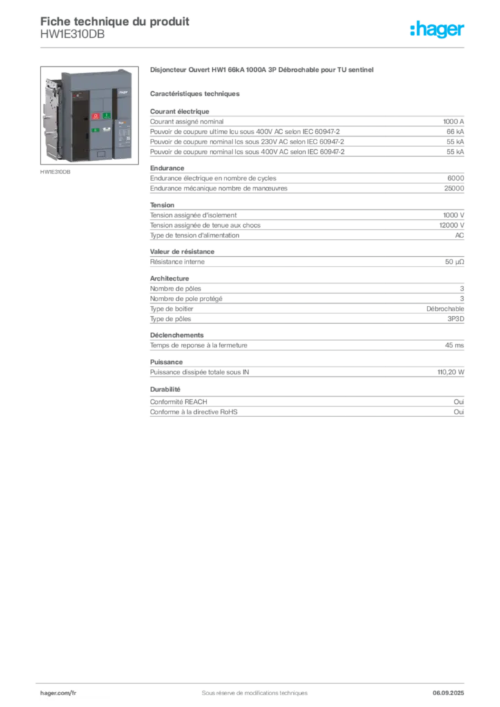 Image Hager Fiche technique du produit HW1E310DB | Hager France