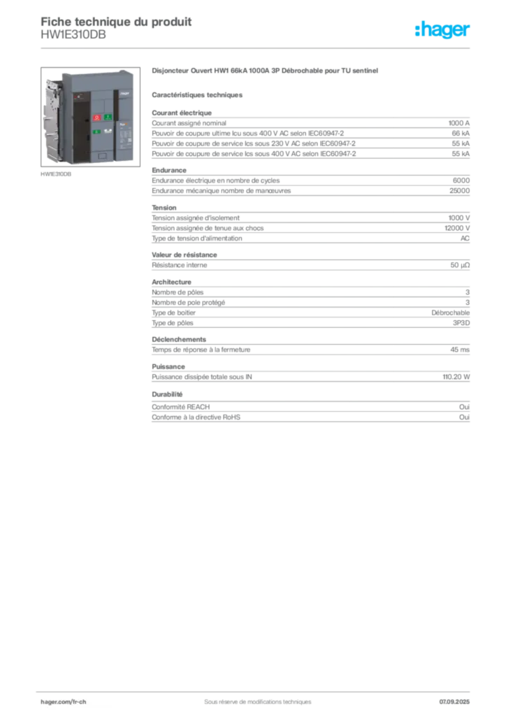 Image Hager Fiche technique du produit HW1E310DB | Hager Suisse