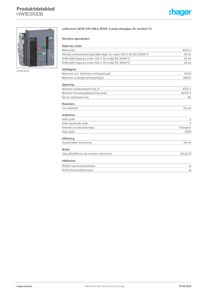 Bild Hager Produktdatablad HW1E310DB | Hager Sverige