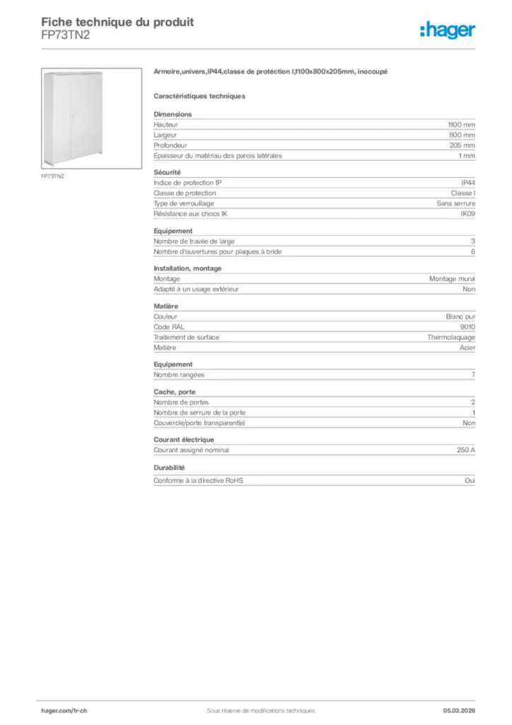 Image Hager Fiche technique du produit FP73TN2 | Hager Suisse