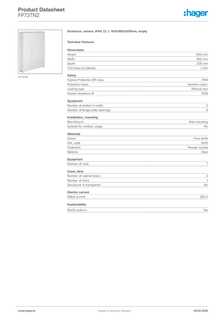 Image Hager Product data sheet FP73TN2  | Hager