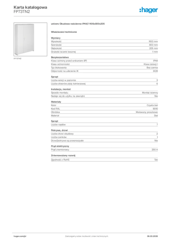 Zdjęcie Hager Karta katalogowa FP73TN2 | Hager Polska
