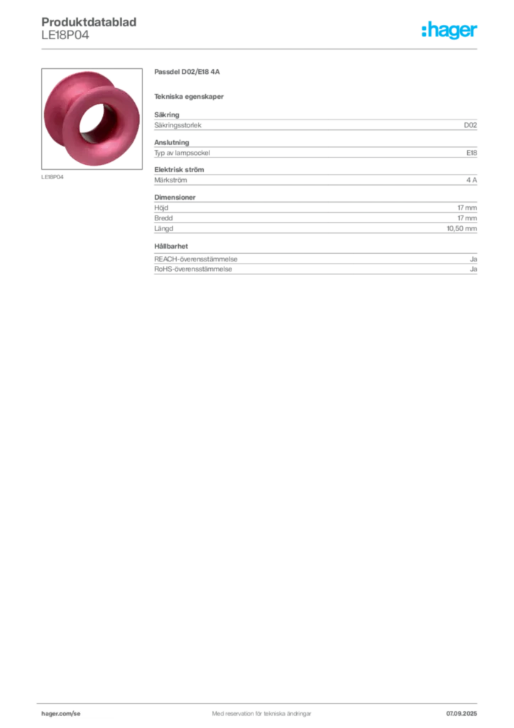 Bild Hager Produktdatablad LE18P04 | Hager Sverige