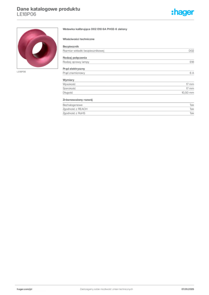 Zdjęcie Hager Dane katalogowe produktu LE18P06 | Hager Polska