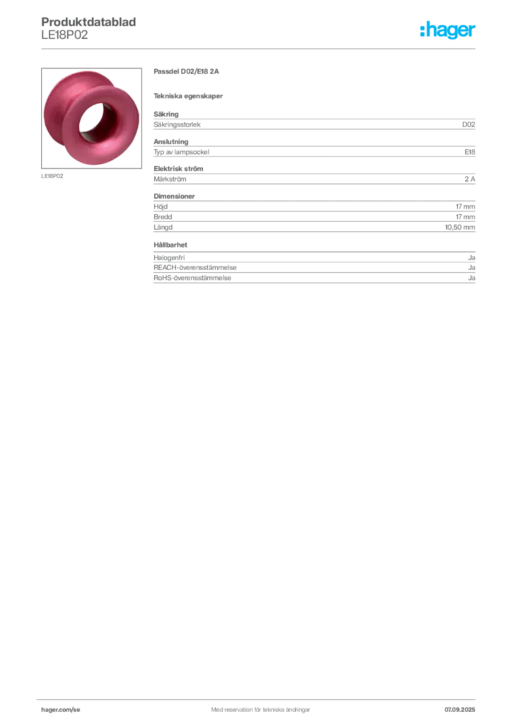 Bild Hager Produktdatablad LE18P02 | Hager Sverige