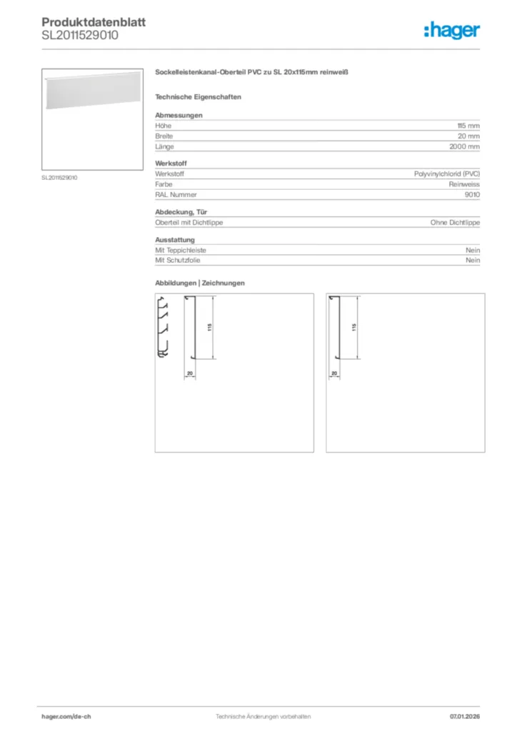 Bild Hager Produktdatenblatt SL2011529010 | Hager Schweiz
