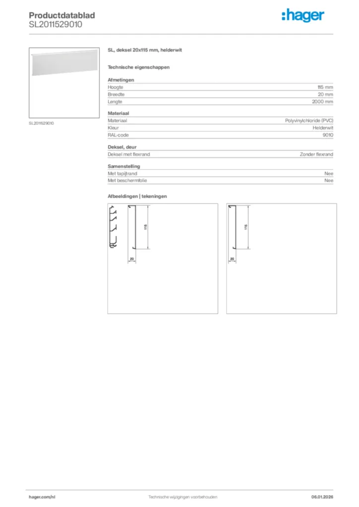 Afbeelding Hager Productdatablad SL2011529010 | Hager Nederland