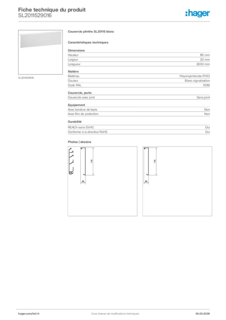 Image Hager Fiche technique du produit SL2011529016 | Hager Afrique