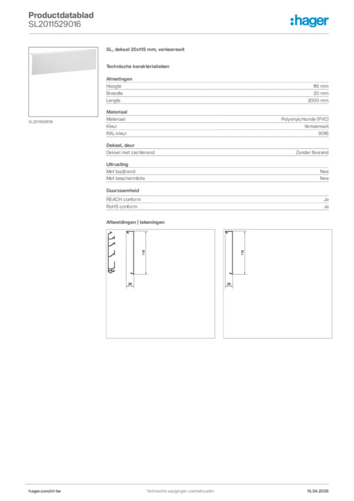 Afbeelding Hager Productdatablad SL2011529016 | Hager Belgium