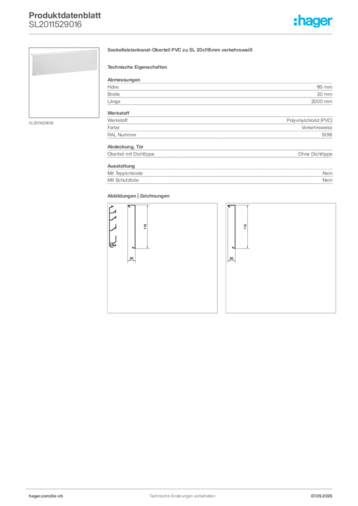 Bild Hager Produktdatenblatt SL2011529016 | Hager Schweiz