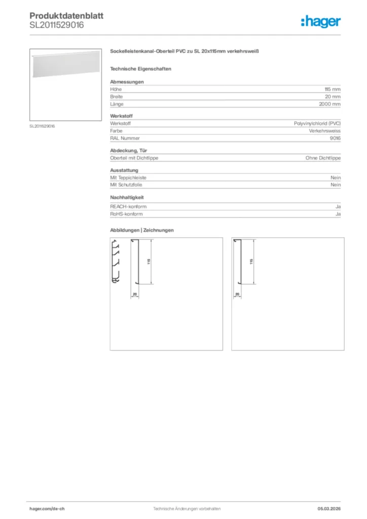 Bild Hager Produktdatenblatt SL2011529016 | Hager Schweiz