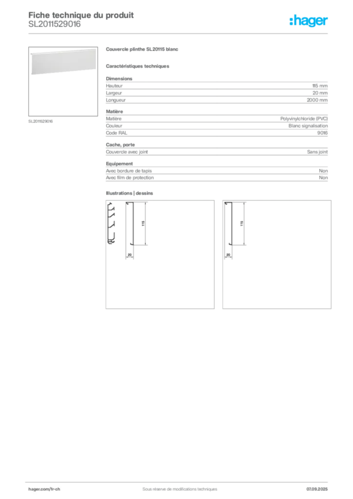 Image Hager Fiche technique du produit SL2011529016 | Hager Suisse