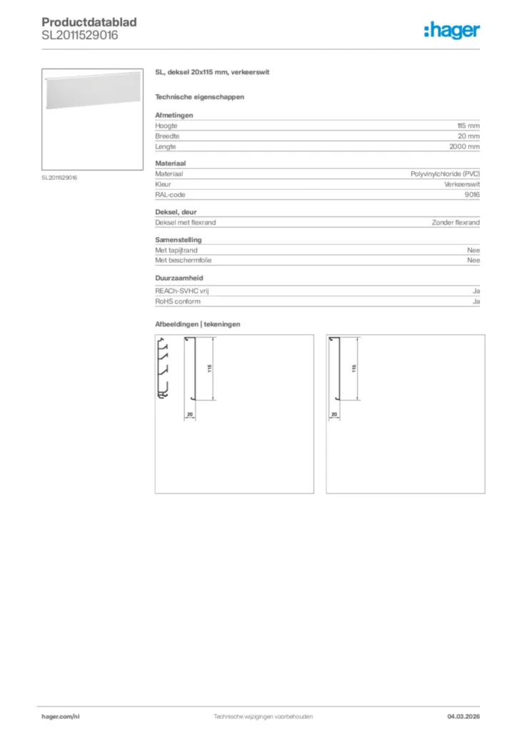 Afbeelding Hager Productdatablad SL2011529016 | Hager Nederland