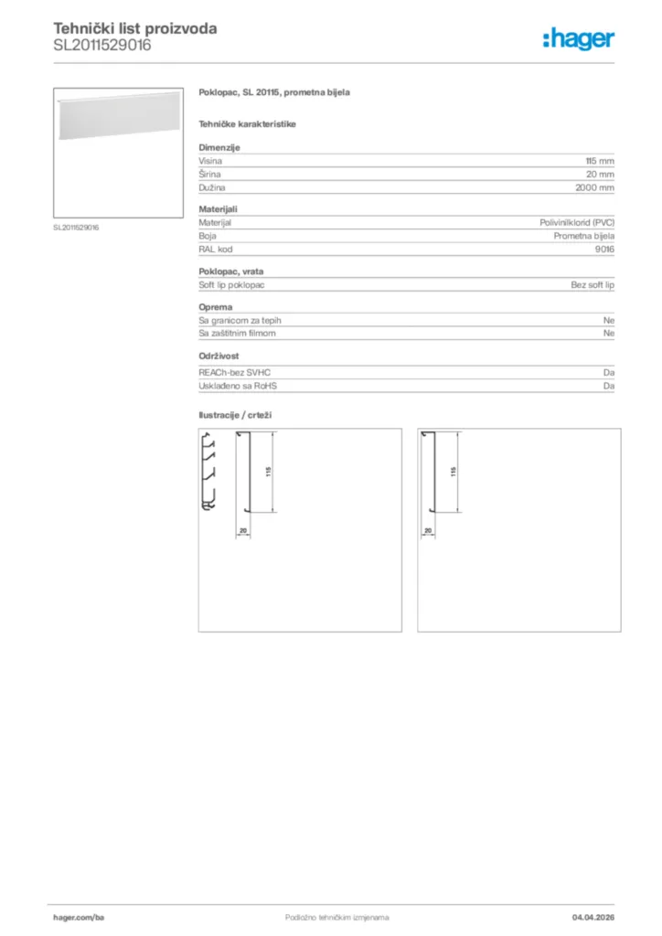 Slika Hager Tehnički list proizvoda SL2011529016  | Hager