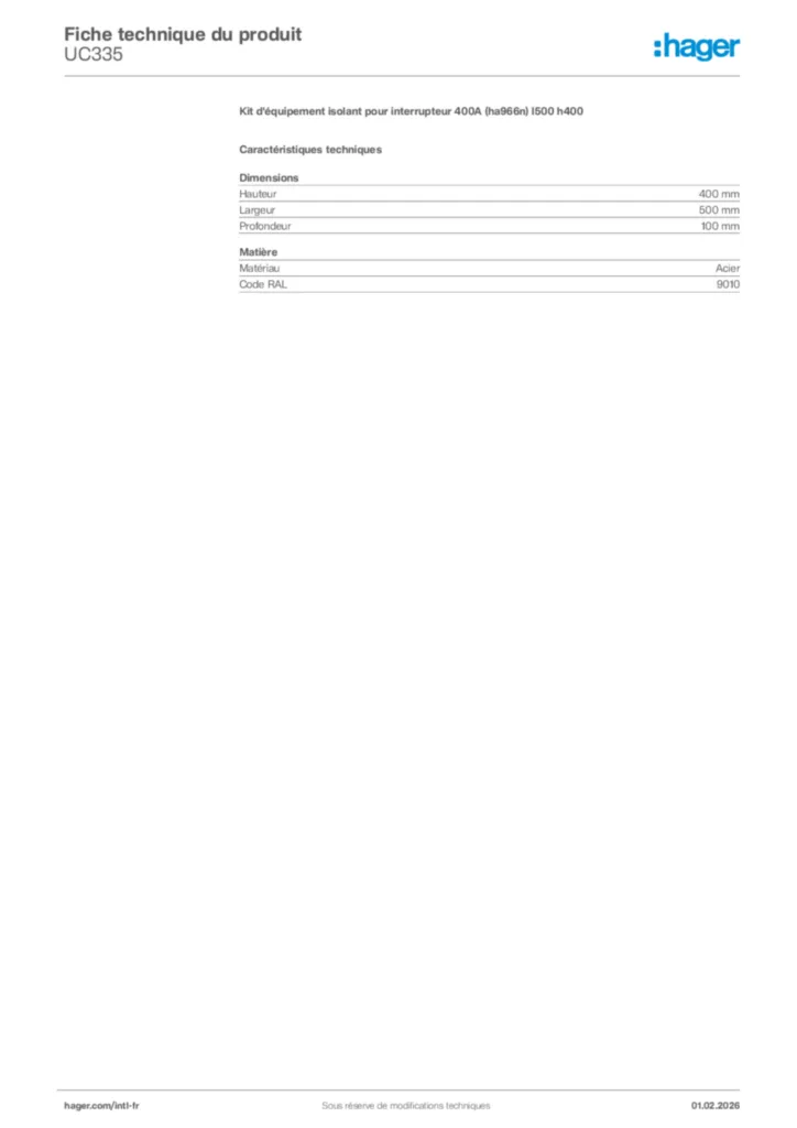 Image Hager Fiche technique du produit UC335 | Hager Afrique