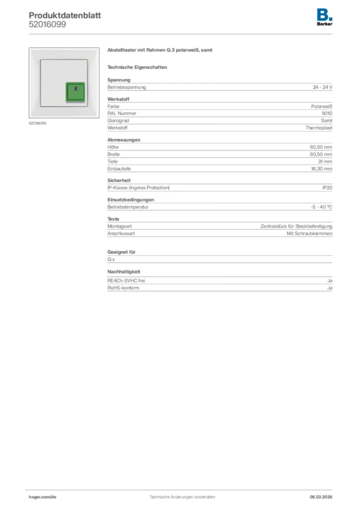 Bild Berker Produktdatenblatt 52016099 | Hager Deutschland