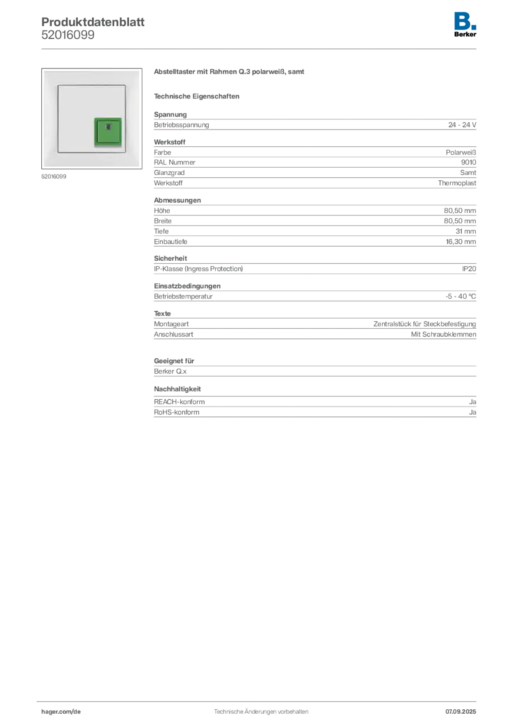 Bild Berker Produktdatenblatt 52016099 | Hager Deutschland