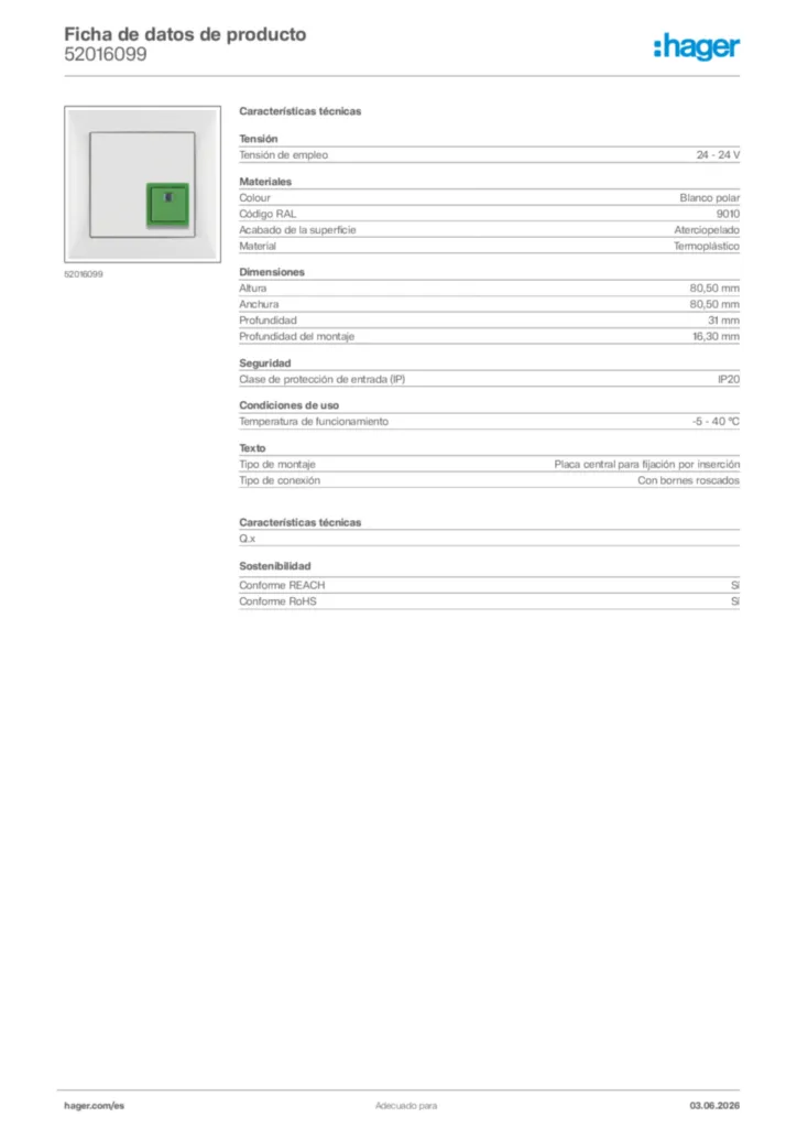 Imagen Hager Ficha de datos de producto 52016099 | Hager España