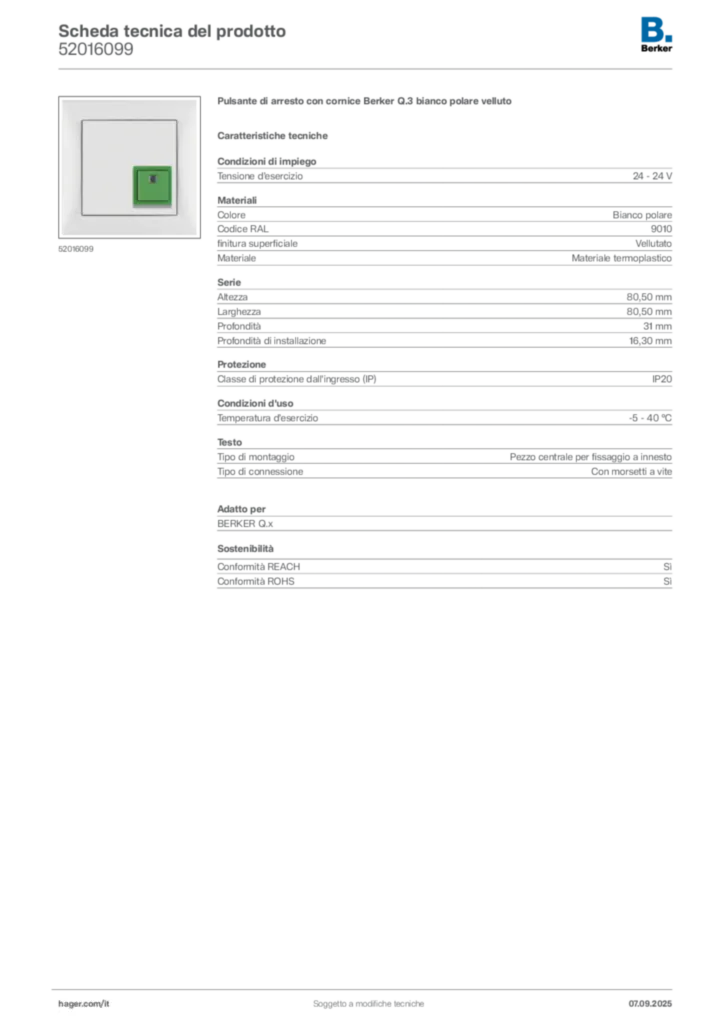 Immagine Berker Scheda tecnica del prodotto 52016099 | Hager Italia