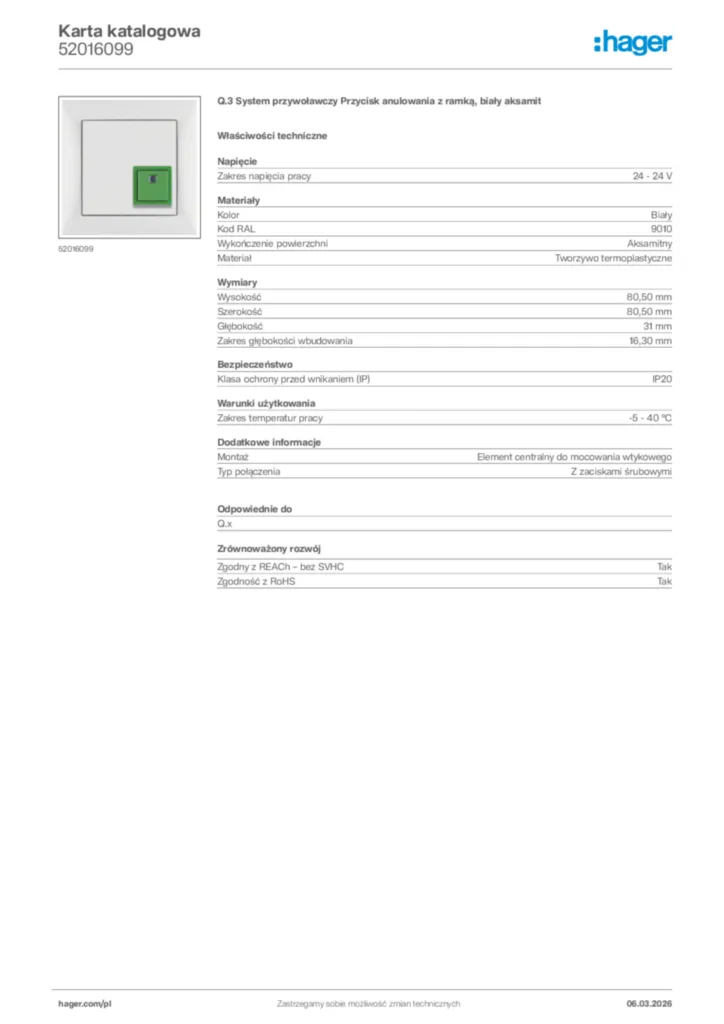 Zdjęcie Hager Karta katalogowa 52016099 | Hager Polska