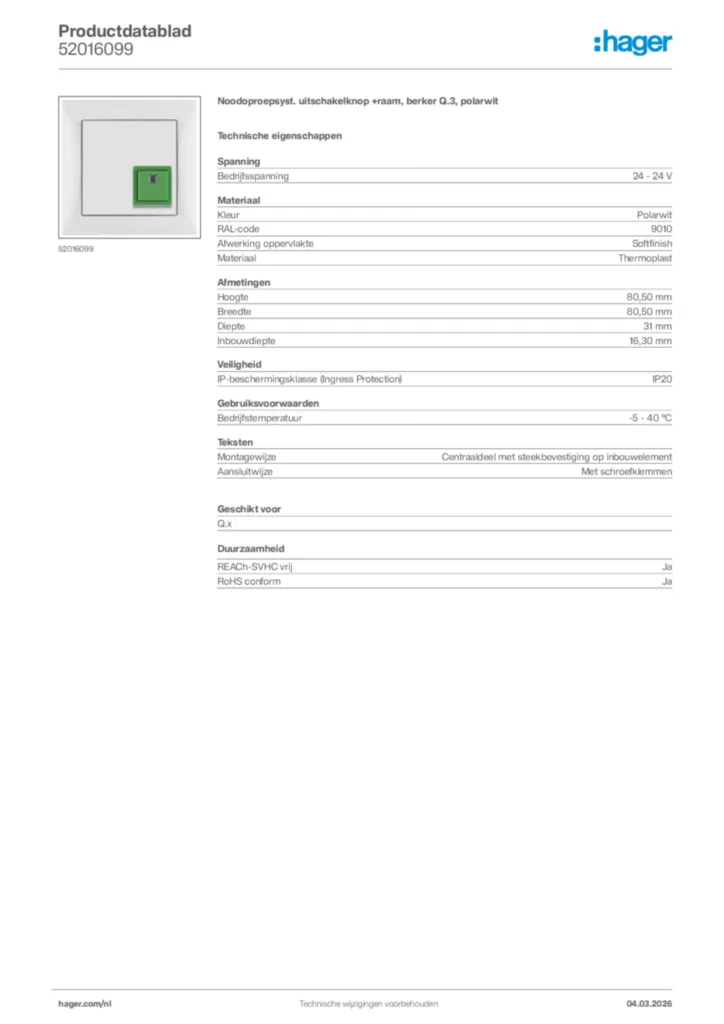 Afbeelding Hager Productdatablad 52016099 | Hager Nederland