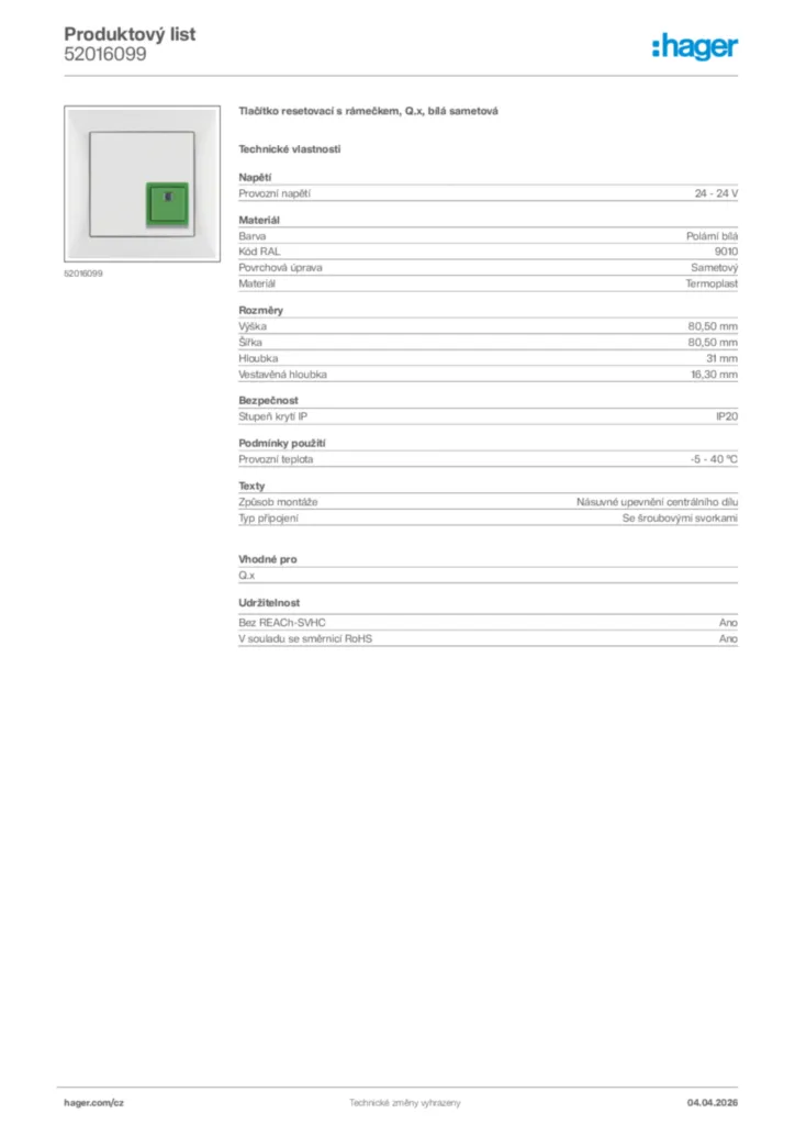 Obrázek Hager Product data sheet 52016099 | Hager