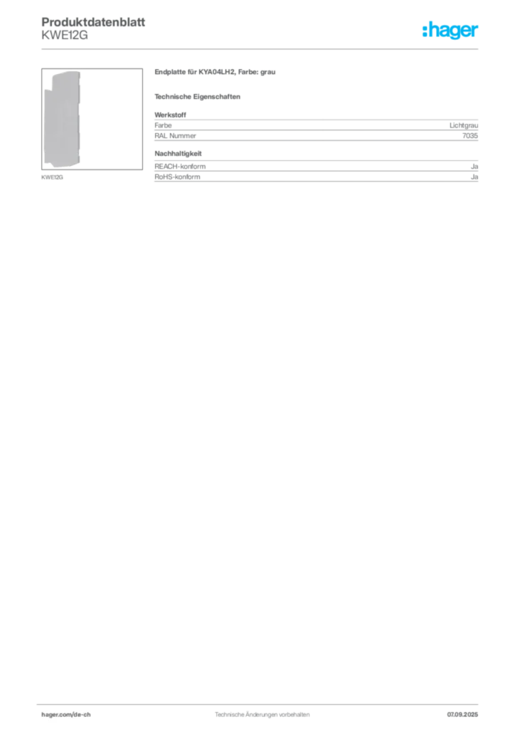 Bild Hager Produktdatenblatt KWE12G | Hager Schweiz