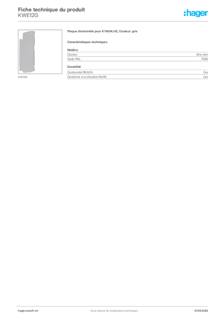 Image Hager Fiche technique du produit KWE12G | Hager Suisse