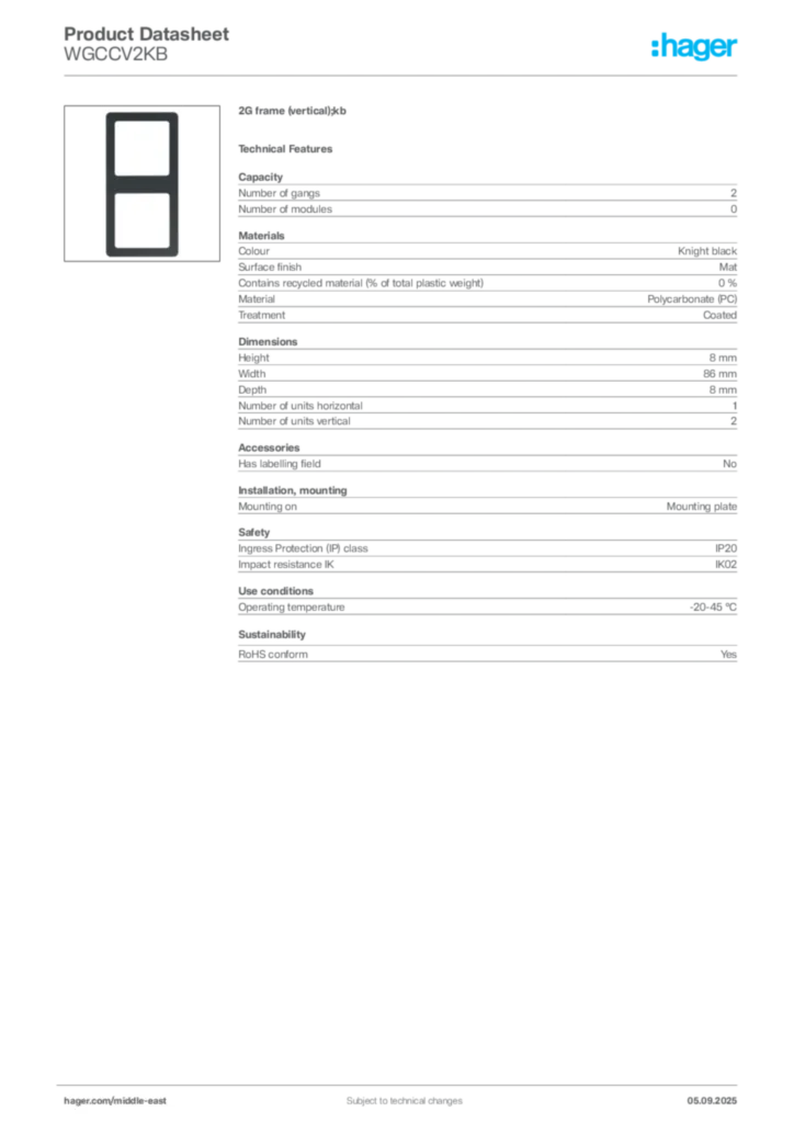 Image Hager Product data sheet WGCCV2KB  | Hager