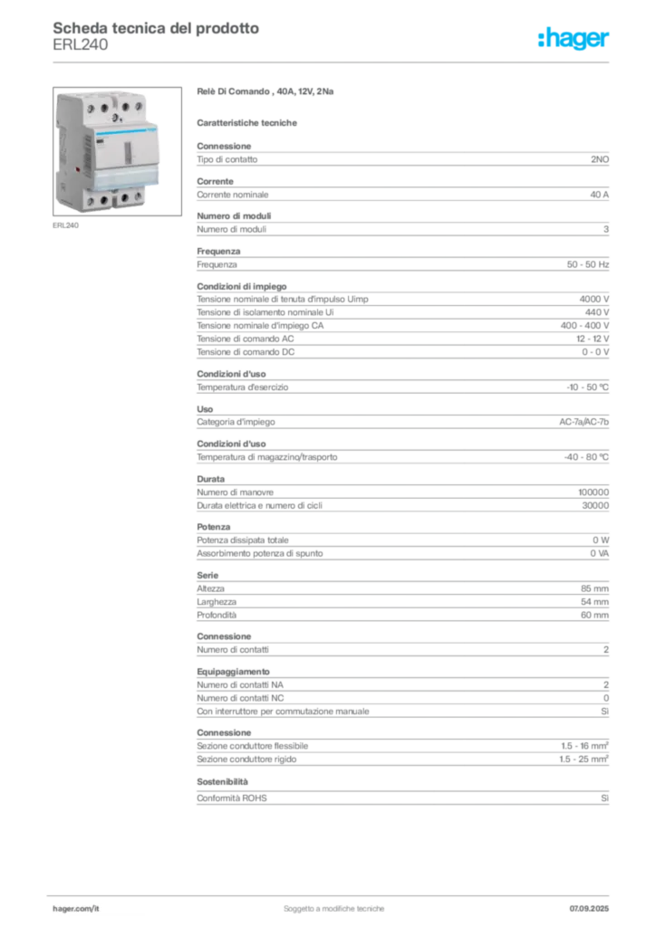 Immagine Hager Scheda tecnica del prodotto ERL240 | Hager Italia