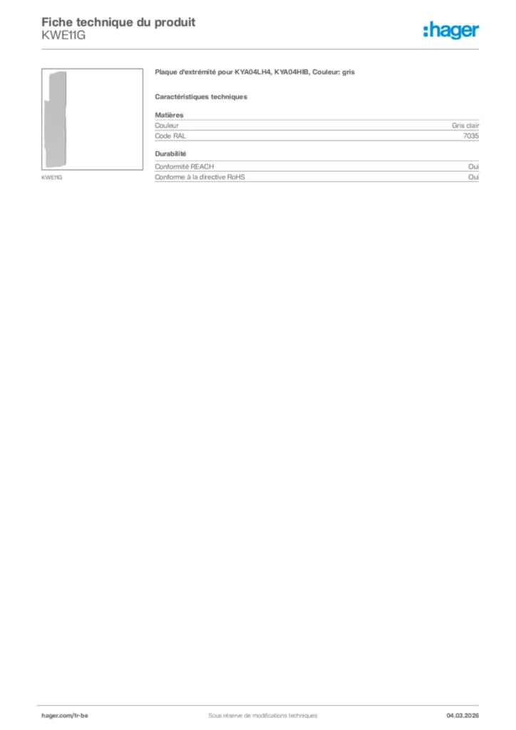 Image Hager Fiche technique du produit KWE11G | Hager Belgique